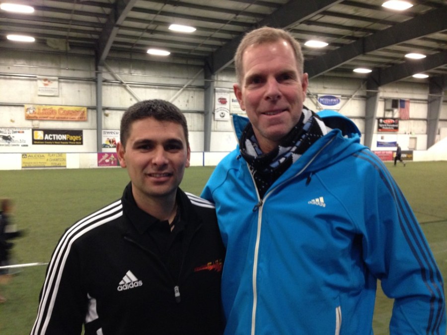 Wenatchee United's Javier Reyna (left) visits with EPLWA President Peter Ostrovsky in Bellingham on November 23rd as the Fire played the Rapids.