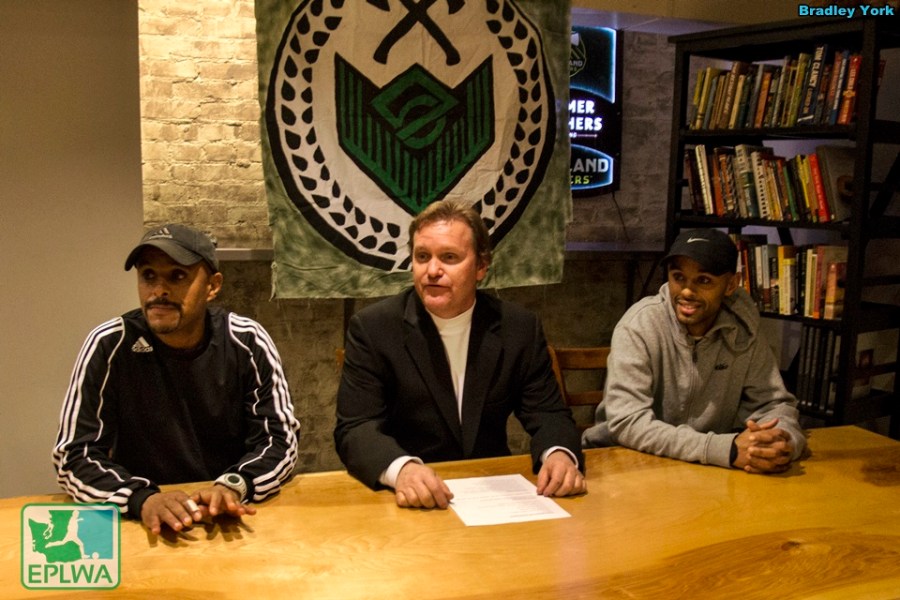 New V2FC head coach Biniam Afenegus (left) at the press conference with Barrett Goddard and new assistant Filomon Afenegus. (Bradley York)