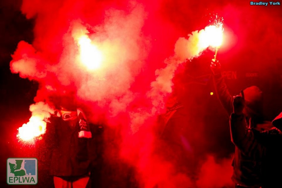 The Northern Alliance greeted V2FC with a smoke and flares display after the conference. (Bradly York)