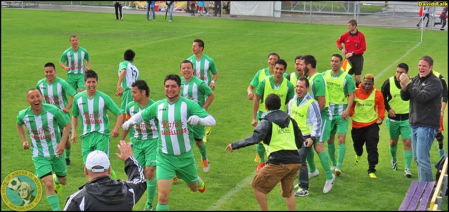 Joy at the first goal: Cesar Ceppi prepares for a high five after scoring Wenatchee's first-ever goal in the second minute on Sunday. (David Falk)