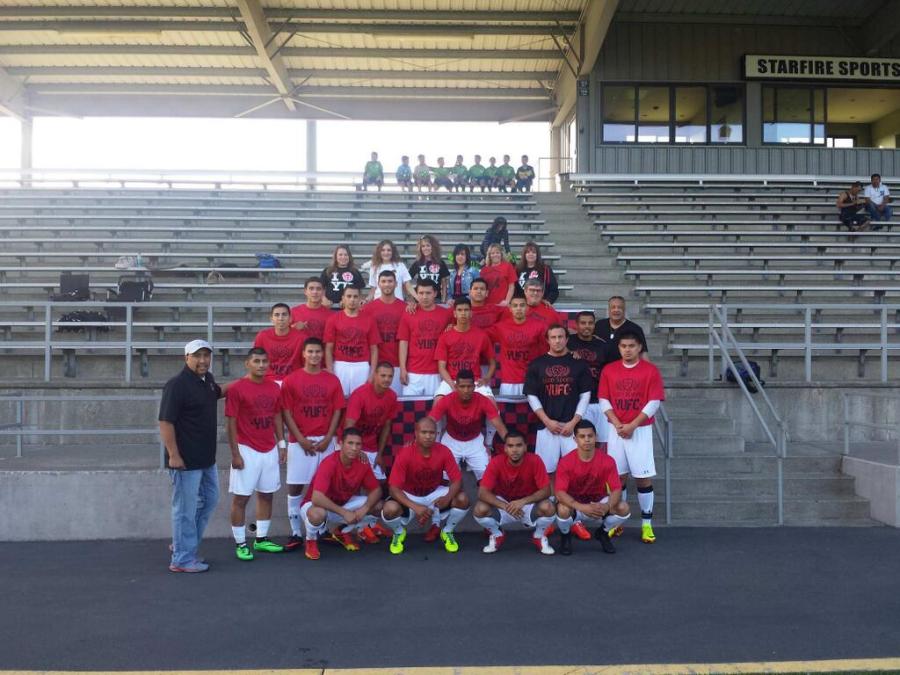 Yakima United tweets a travel photo with players and (back row) fans before playing the Seattle Stars at Starfire May 24.