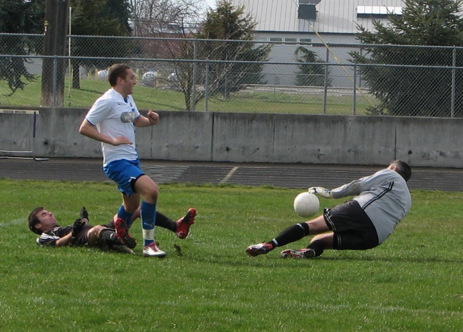 In 2011 Graham Davidson takes a shot on goal during Kitsap Pumas pre-season. On Sunday in Bellingham he scored the first goal in WestSound FC's EPLWA history ---and it was a match-winner. (David Falk)