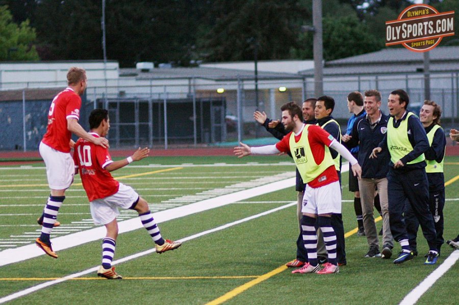 Pico Rubio celebrates his 61st minute goal with his mates as South Sound took a 1-0 lead. (Brandon Sparks / OlySports.com)