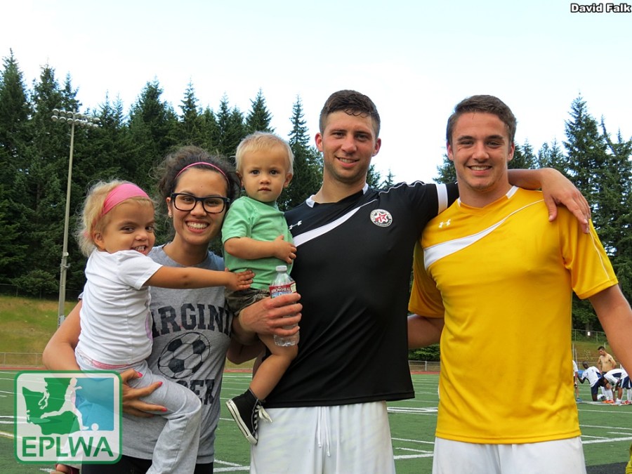 Leo Potts, his family and WestSound FC goalkeeper Jordan Hadden (yellow), pose after the home win. (David Falk)