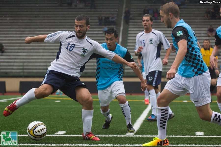 Seattle (white) and vancouver (blue) played another thriller on Saturday. V2FC remains in second after a 3-2 stoppage-time win. (Bradley York)