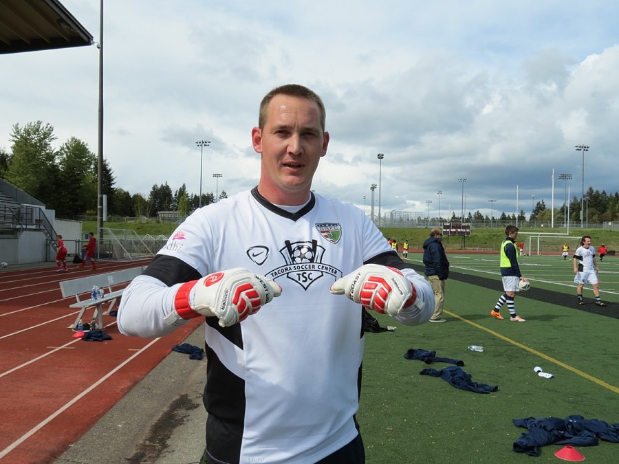 South Sound goalkeeper Chris Kintz poses with his West Coast Goalkeeping gloves. Kintz leads the EPLWA with three shut outs. (David Falk)