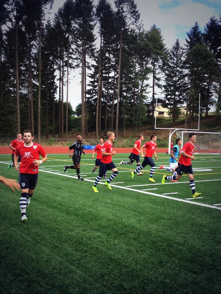 South Sound (red) reacts after going up 1-0 on Derek Johnson's goal in the 49th minute. (SSFC Twitter)