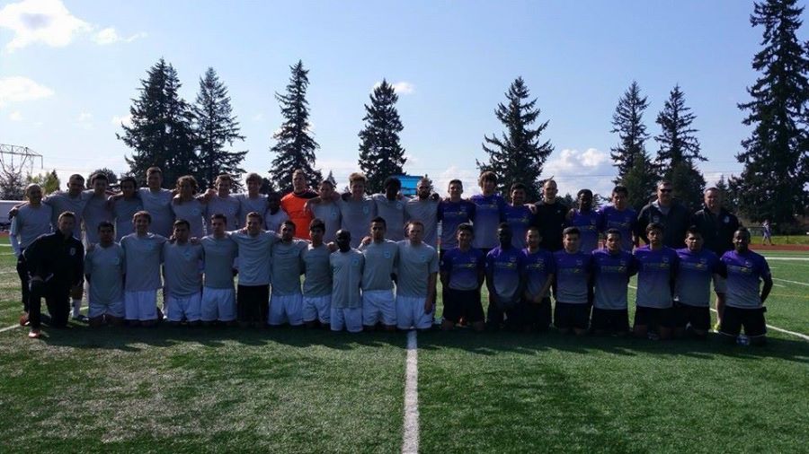 V2FC (left) and Fuerza FC got some "firsts" out of the way on Saturday.  It was the first meatch for new Victory head coach Aaron Lewis, and the first-ever match for the Fuerza Men. (Fuerza photo)