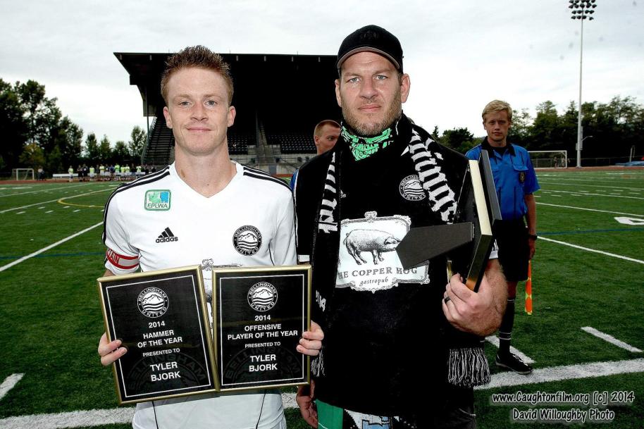 TYler Bjork continues to score goals up in Bellingham. His latest honor is a 2015 EPLWA Offensive POTW nod. In this photo from 2014 he's awarded Hammers accomplishments by supporter Hoolign Ron. (David Willoughby)