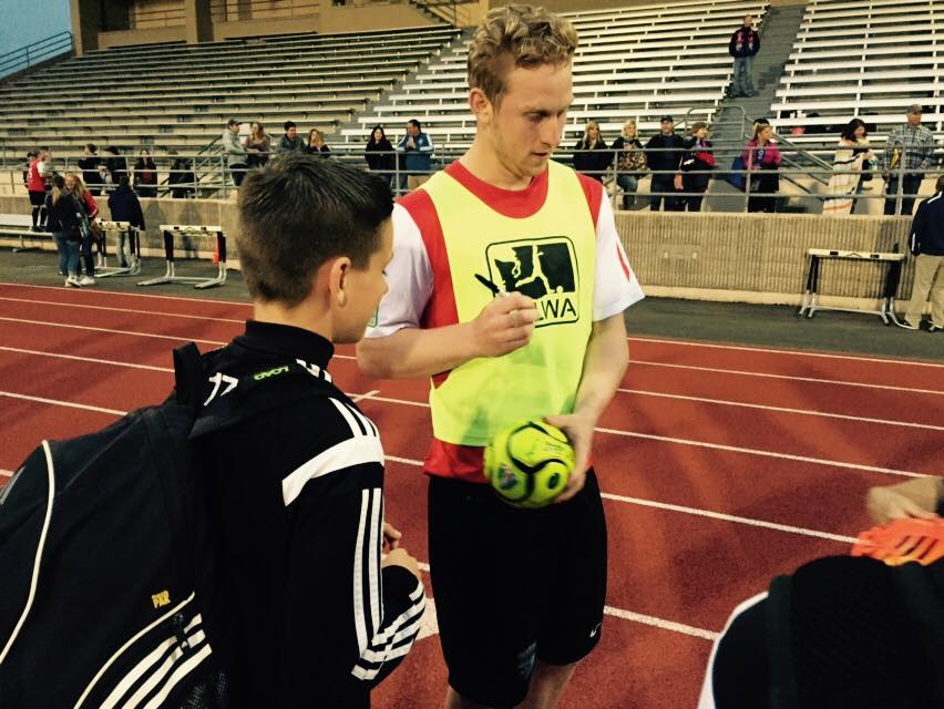Vince McCluskey signs autographs after his second half hat trick helped the South Sound Shock wallop Wenatchee FC 8-2. (Shock Facebook)
