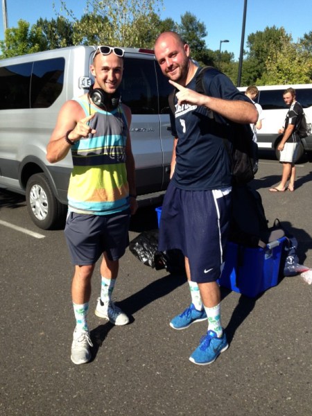 Karl Muelheims and Jeff Srock wear their Player of the Week socks after the Shadow clinch the 2015 EPLWA title. (Peter Ostrovsky)